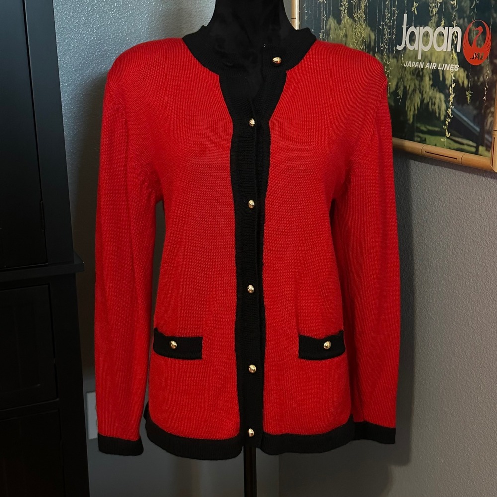 Avon Fashions Cardigan Sweater Womens Small Red Black Wool Gold Button Vintage